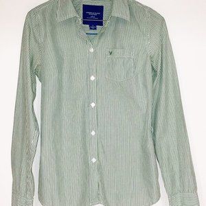 AMERICAN EAGLE FAVORITE Oxford Shirt Size 2 Long Sleeve Button Down GREEN Stripe